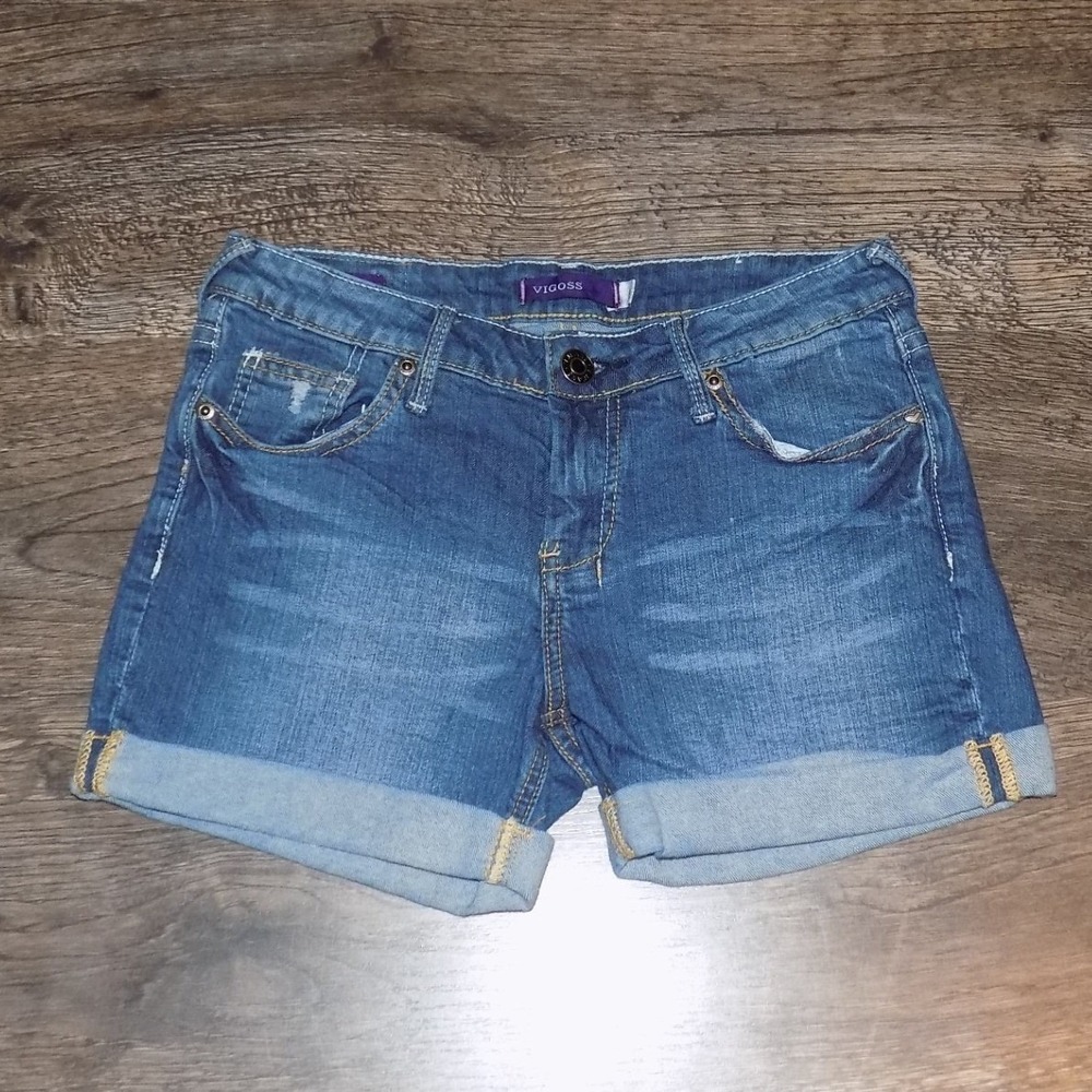 Vigoss‎ Denim Shorts Womens 1 Blue Excellent Cuffed American Flag Heart Patch